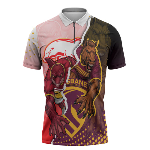 Personalized Brisbane Broncos vs Dolphins Zipper Polo Shirt Rivalry Dynamic Sports Rugby Mascot Graphic Art