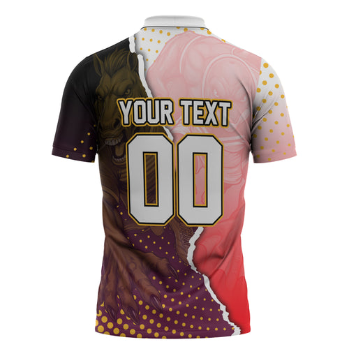 Personalized Brisbane Broncos vs Dolphins Zipper Polo Shirt Rivalry Dynamic Sports Rugby Mascot Graphic Art