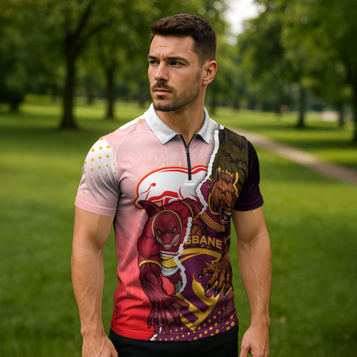 Personalized Brisbane Broncos vs Dolphins Zipper Polo Shirt Rivalry Dynamic Sports Rugby Mascot Graphic Art