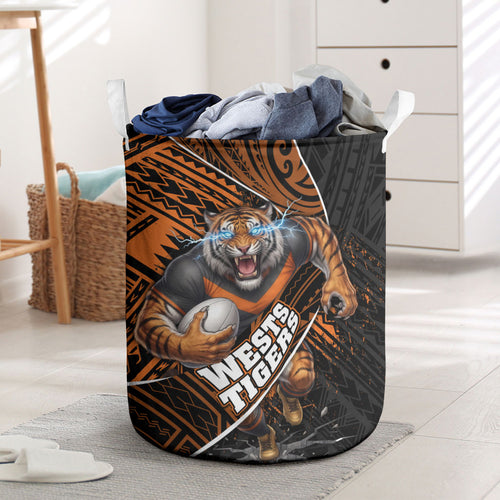 Wests Tigers Rugby Laundry Basket Tribal Polynesian Power Art - Lightning Mascot