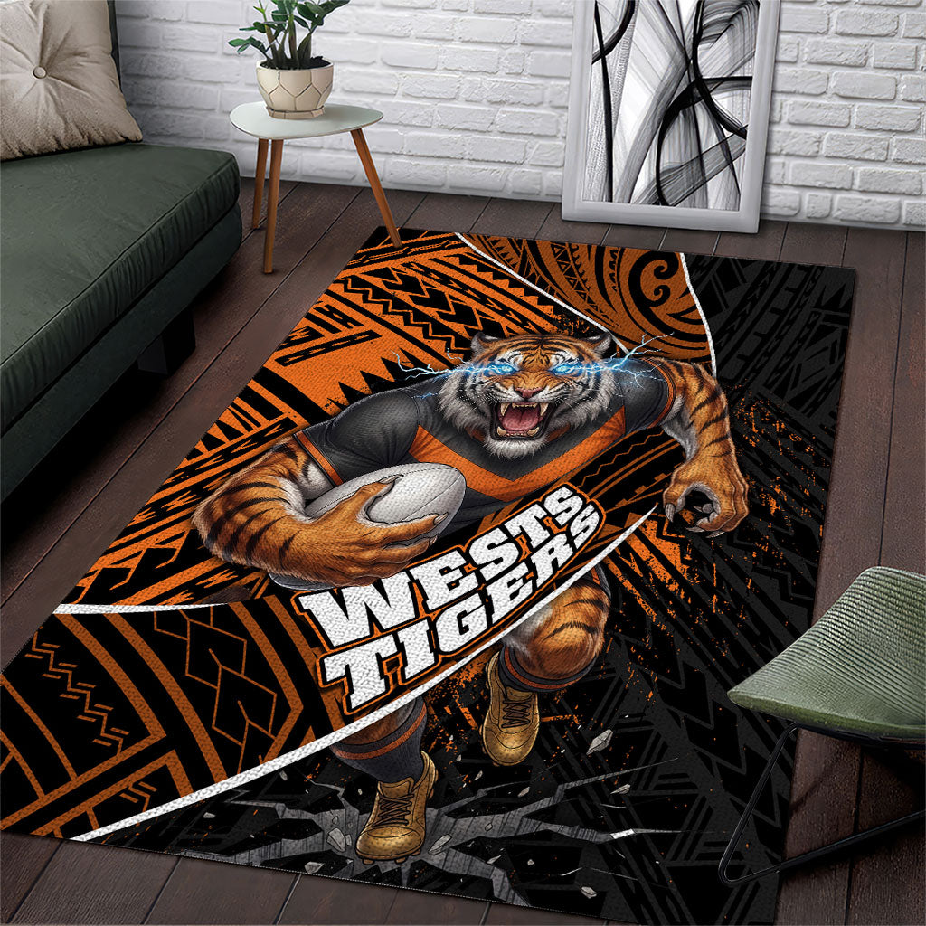 Wests Tigers Rugby Area Rug Tribal Polynesian Power Art - Lightning Mascot