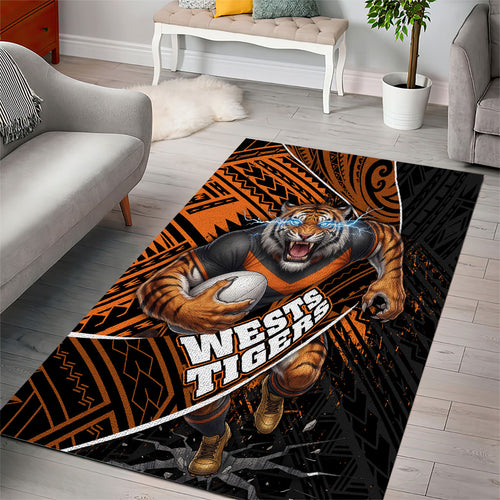 Wests Tigers Rugby Area Rug Tribal Polynesian Power Art - Lightning Mascot