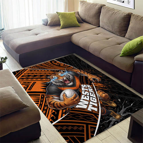 Wests Tigers Rugby Area Rug Tribal Polynesian Power Art - Lightning Mascot