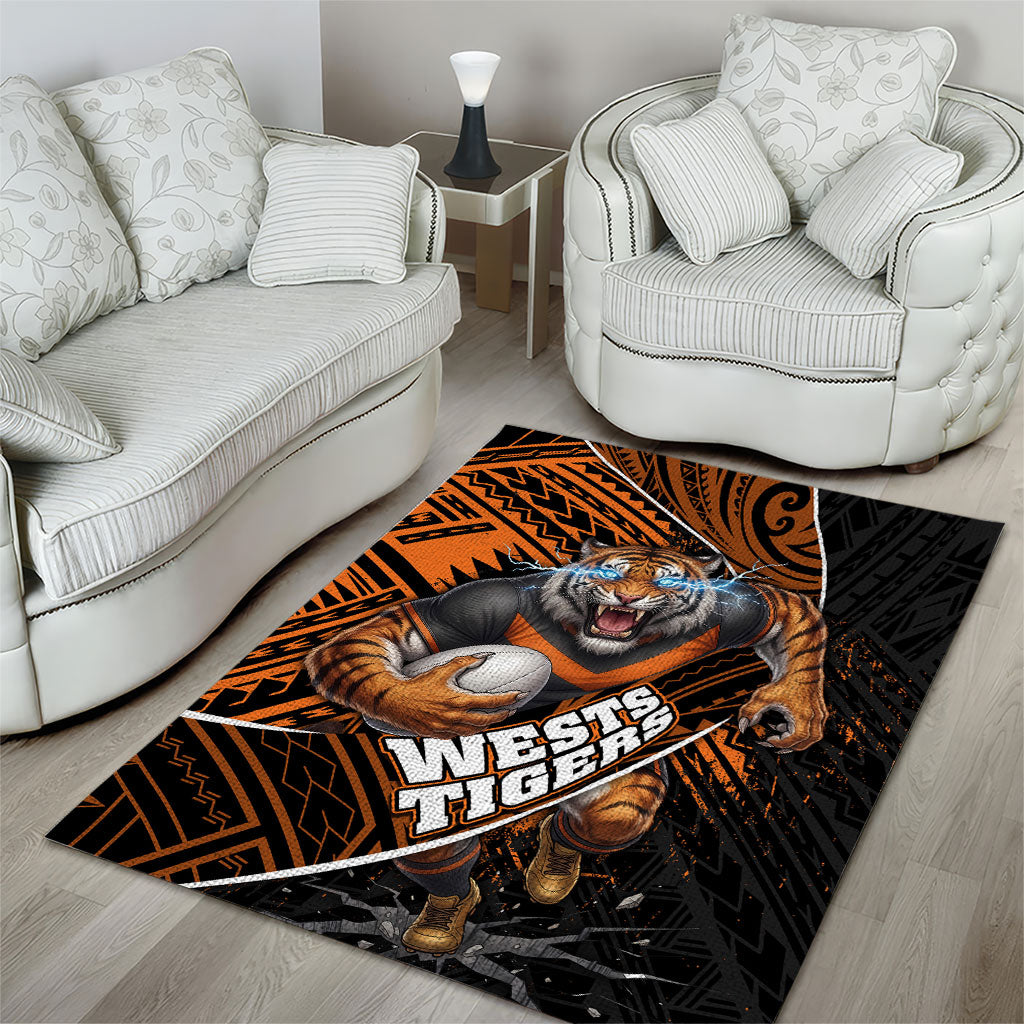 Wests Tigers Rugby Area Rug Tribal Polynesian Power Art - Lightning Mascot