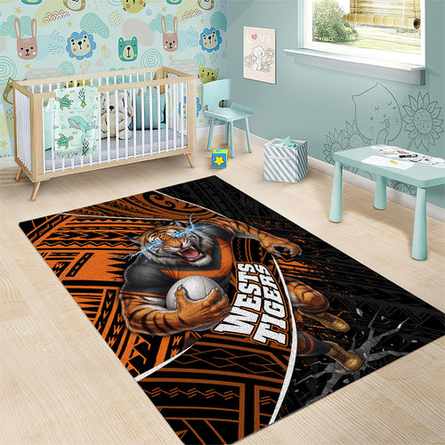 Wests Tigers Rugby Area Rug Tribal Polynesian Power Art - Lightning Mascot