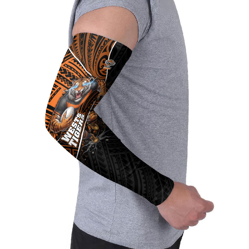 Wests Tigers Rugby Arm Sleeves Tribal Polynesian Power Art - Lightning Mascot