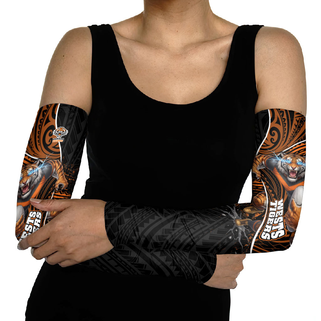 Wests Tigers Rugby Arm Sleeves Tribal Polynesian Power Art - Lightning Mascot