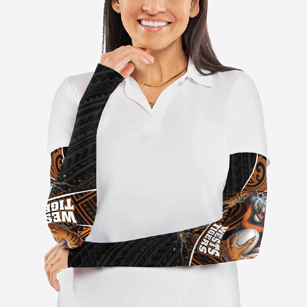 Wests Tigers Rugby Arm Sleeves Tribal Polynesian Power Art - Lightning Mascot
