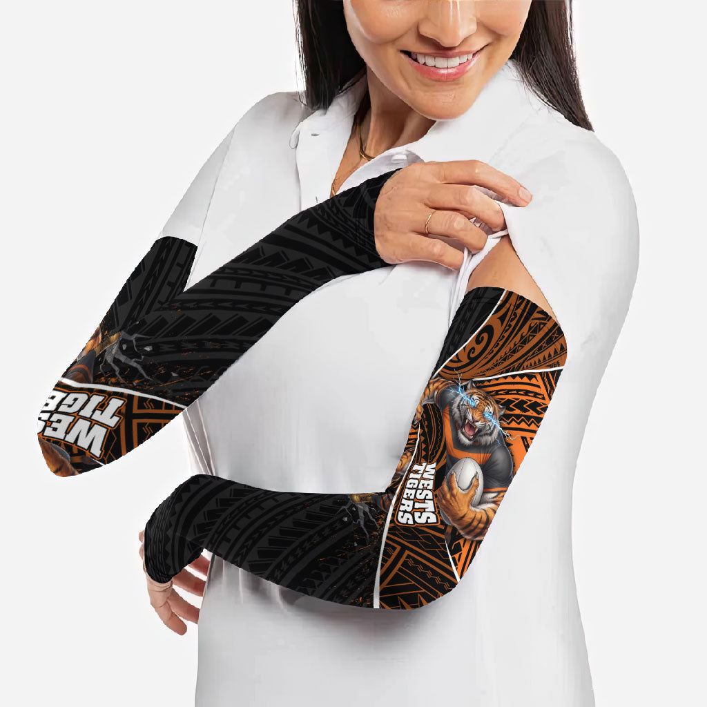 Wests Tigers Rugby Arm Sleeves Tribal Polynesian Power Art - Lightning Mascot
