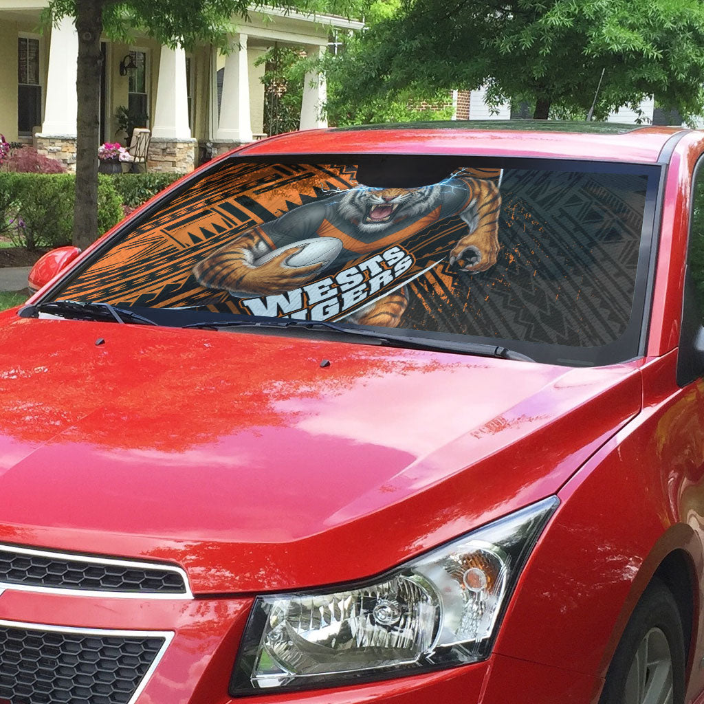 Wests Tigers Rugby Auto Sun Shade Tribal Polynesian Power Art - Lightning Mascot