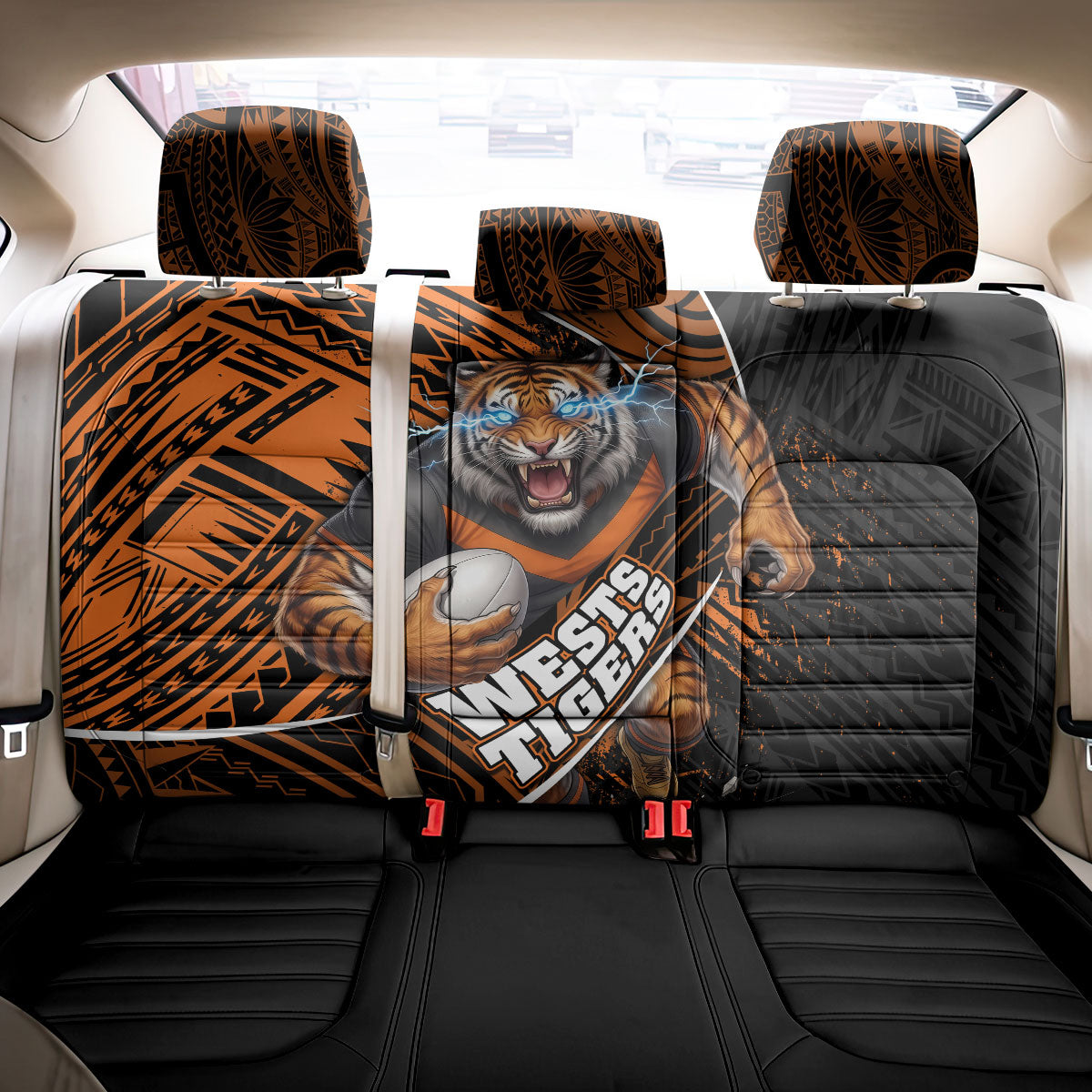 Wests Tigers Rugby Back Car Seat Cover Tribal Polynesian Power Art - Lightning Mascot