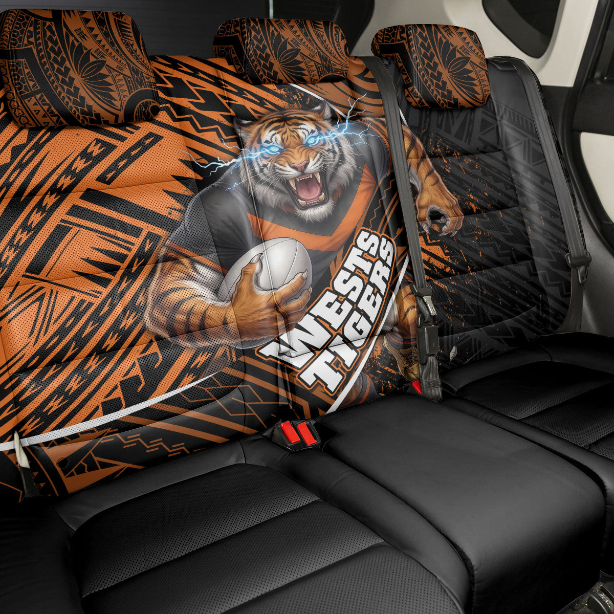 Wests Tigers Rugby Back Car Seat Cover Tribal Polynesian Power Art - Lightning Mascot