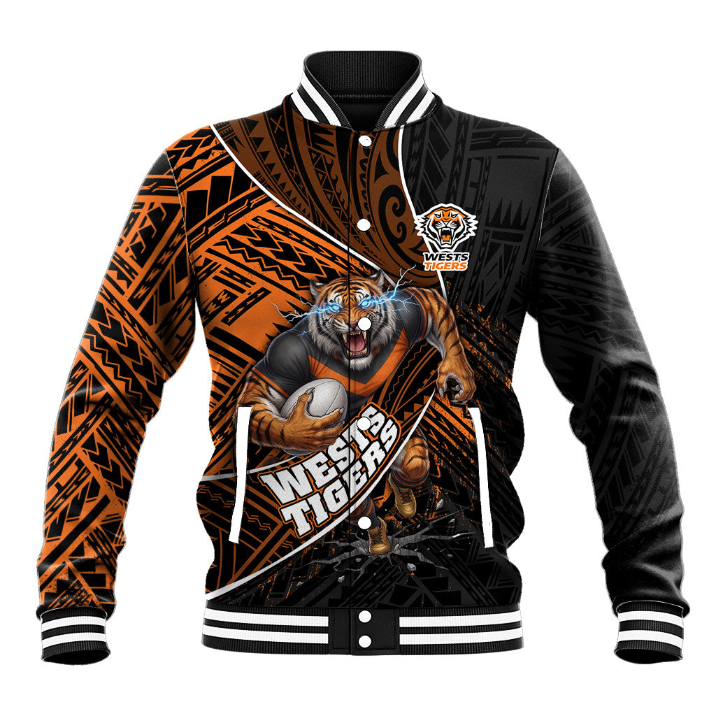 Wests Tigers Rugby Baseball Jacket Tribal Polynesian Power Art - Lightning Mascot
