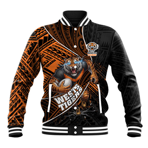 Wests Tigers Rugby Baseball Jacket Tribal Polynesian Power Art - Lightning Mascot
