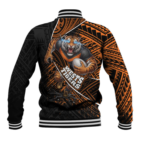 Wests Tigers Rugby Baseball Jacket Tribal Polynesian Power Art - Lightning Mascot