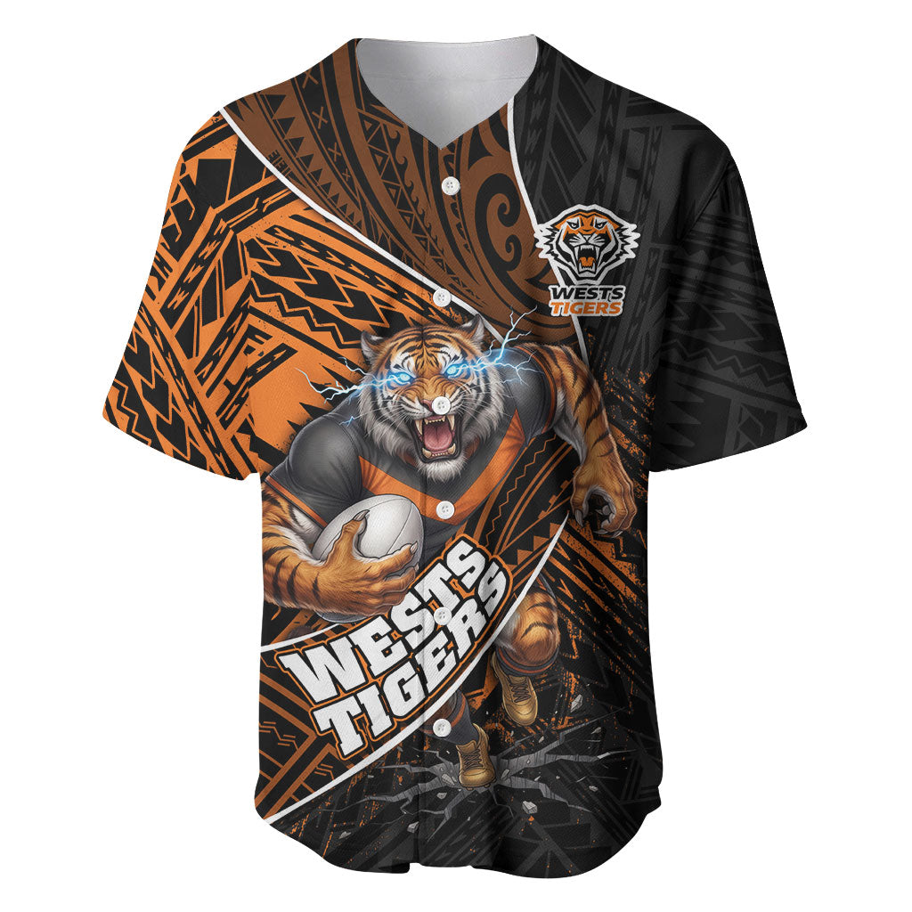 Wests Tigers Rugby Baseball Jersey Tribal Polynesian Power Art - Lightning Mascot