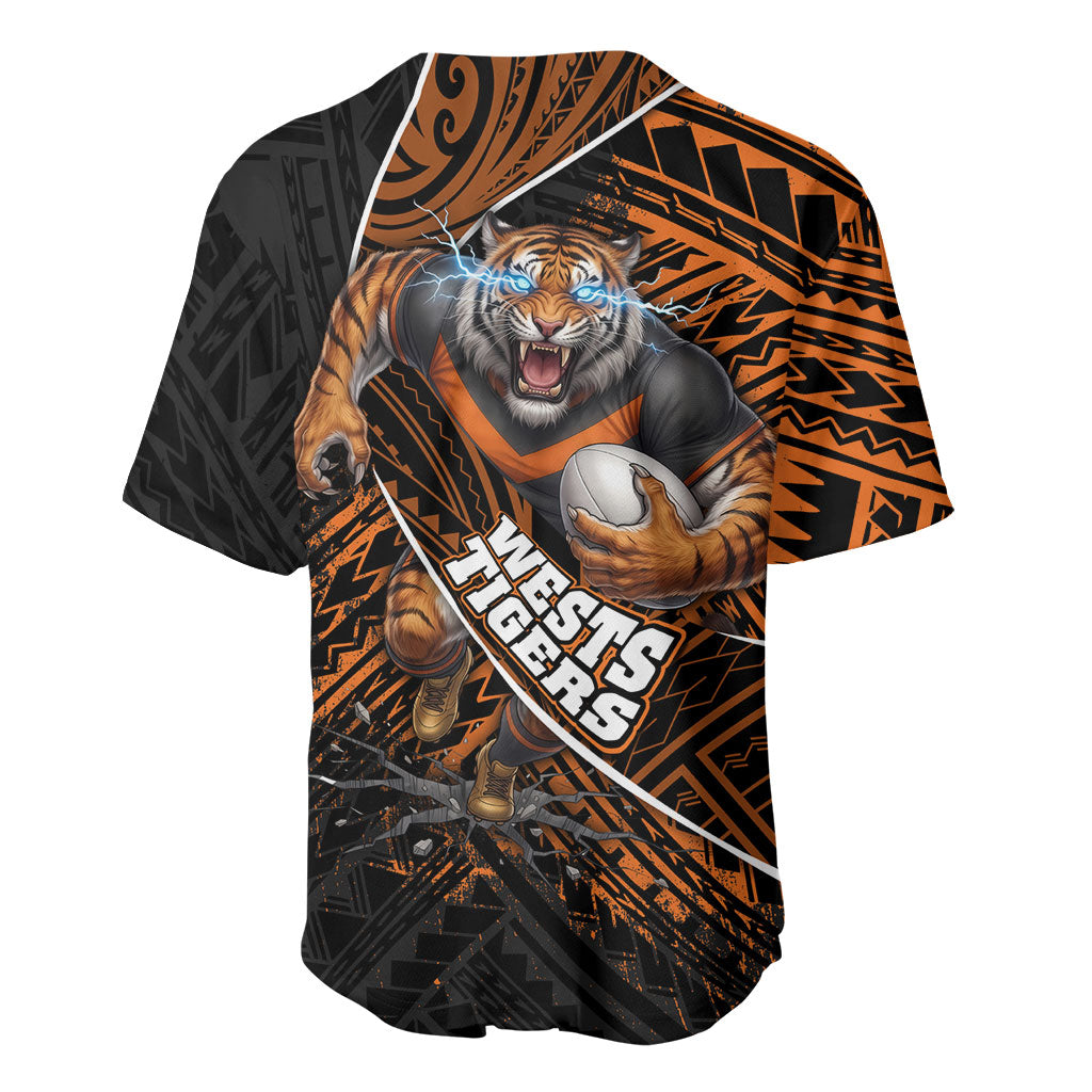 Wests Tigers Rugby Baseball Jersey Tribal Polynesian Power Art - Lightning Mascot