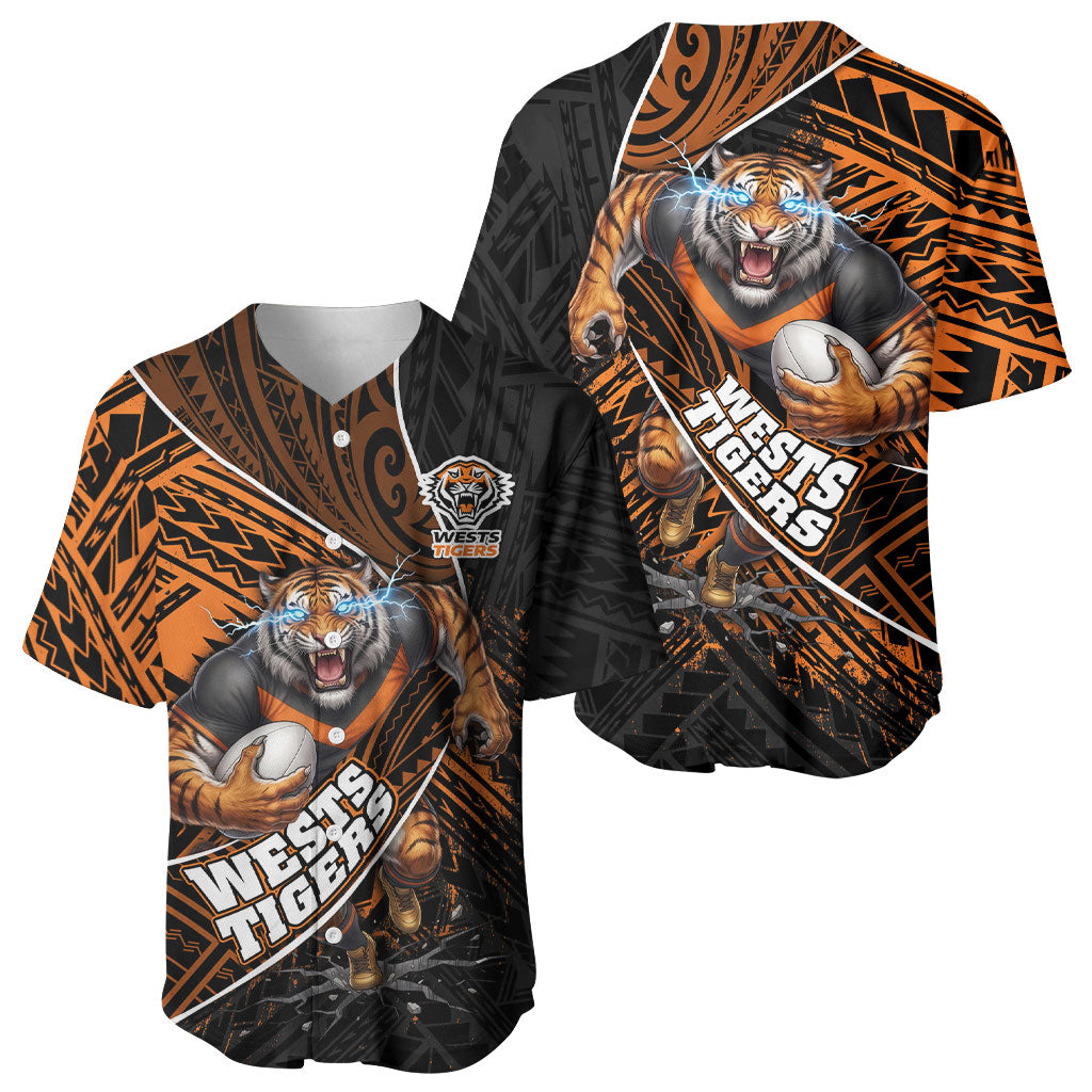 Wests Tigers Rugby Baseball Jersey Tribal Polynesian Power Art - Lightning Mascot