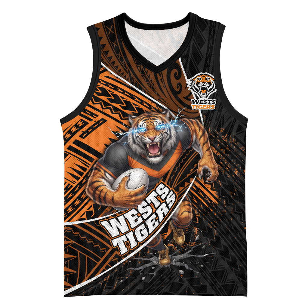 Wests Tigers Rugby Basketball Jersey Tribal Polynesian Power Art - Lightning Mascot