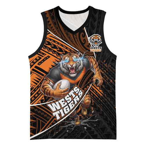 Wests Tigers Rugby Basketball Jersey Tribal Polynesian Power Art - Lightning Mascot