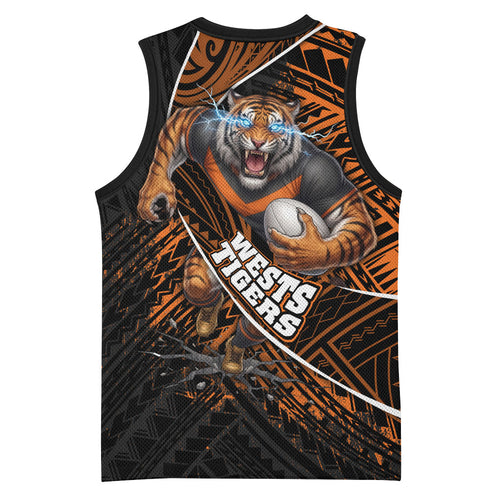 Wests Tigers Rugby Basketball Jersey Tribal Polynesian Power Art - Lightning Mascot