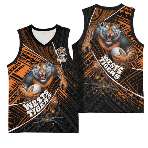 Wests Tigers Rugby Basketball Jersey Tribal Polynesian Power Art - Lightning Mascot