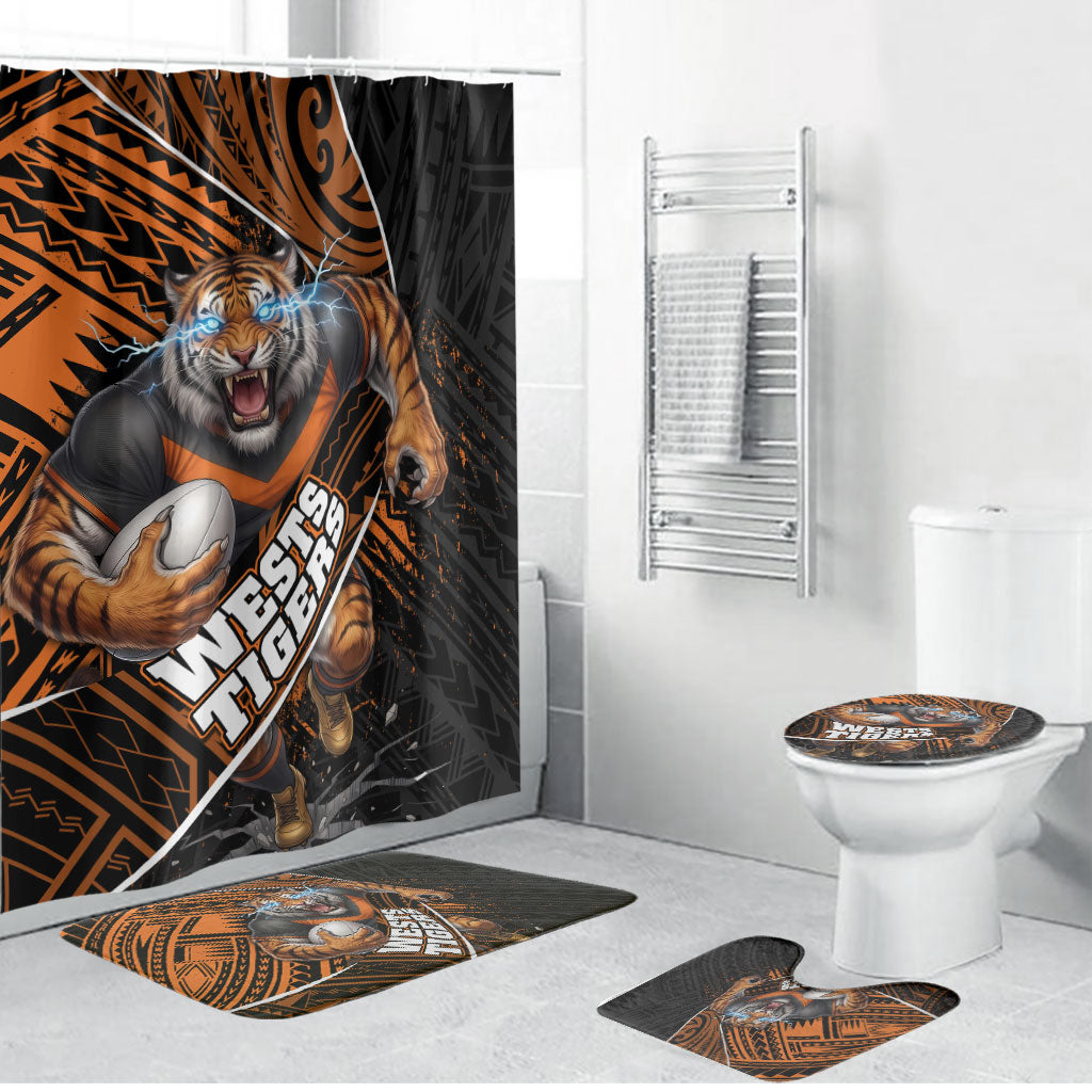 Wests Tigers Rugby Bathroom Set Tribal Polynesian Power Art - Lightning Mascot