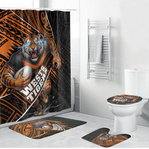 Wests Tigers Rugby Bathroom Set Tribal Polynesian Power Art - Lightning Mascot