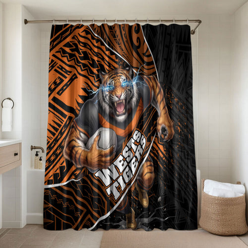 Wests Tigers Rugby Bathroom Set Tribal Polynesian Power Art - Lightning Mascot