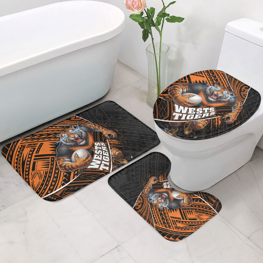 Wests Tigers Rugby Bathroom Set Tribal Polynesian Power Art - Lightning Mascot