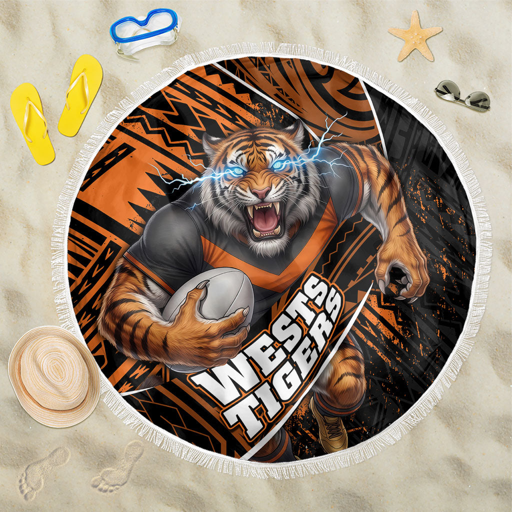 Wests Tigers Rugby Beach Blanket Tribal Polynesian Power Art - Lightning Mascot