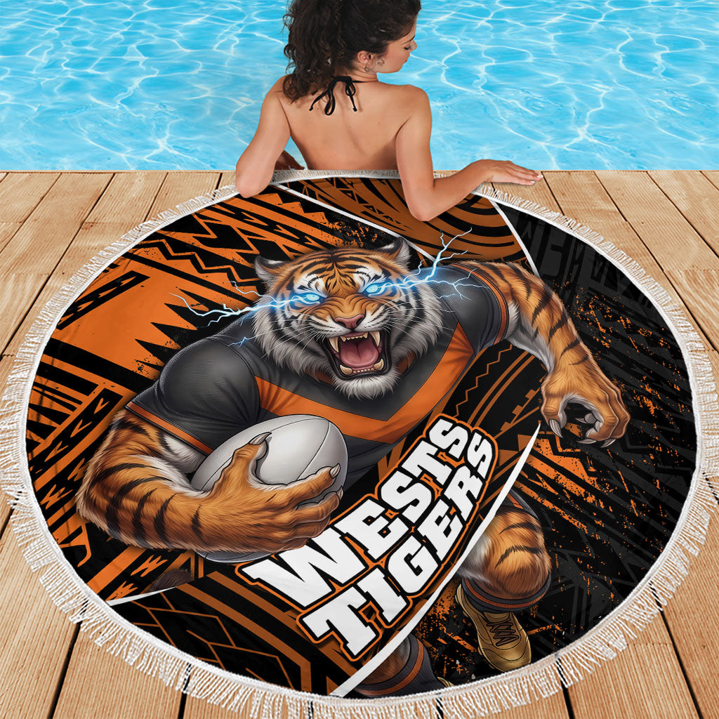 Wests Tigers Rugby Beach Blanket Tribal Polynesian Power Art - Lightning Mascot
