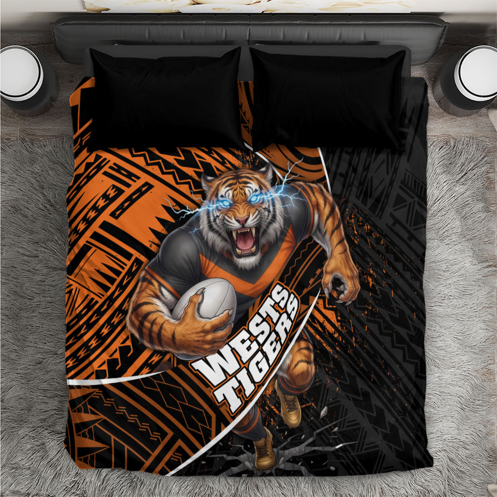 Wests Tigers Rugby Bedding Set Tribal Polynesian Power Art - Lightning Mascot