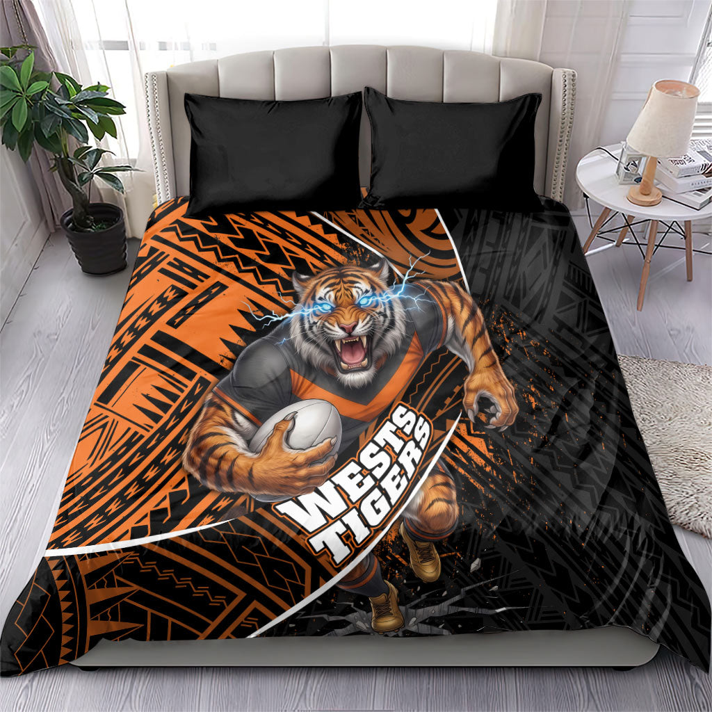 Wests Tigers Rugby Bedding Set Tribal Polynesian Power Art - Lightning Mascot