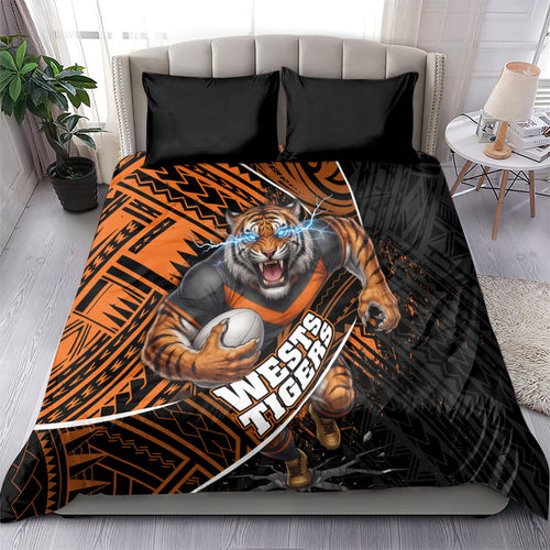 Wests Tigers Rugby Bedding Set Tribal Polynesian Power Art - Lightning Mascot