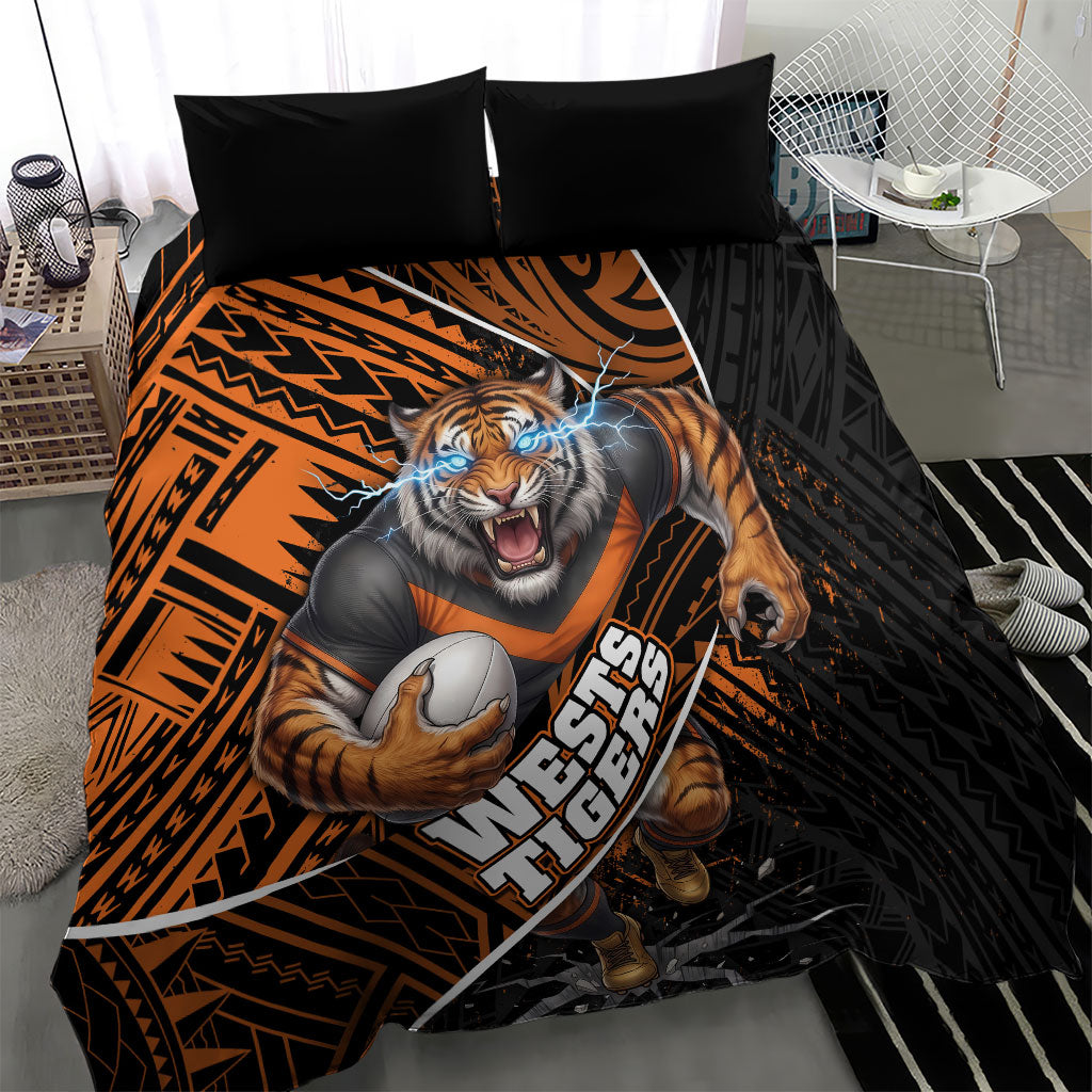 Wests Tigers Rugby Bedding Set Tribal Polynesian Power Art - Lightning Mascot
