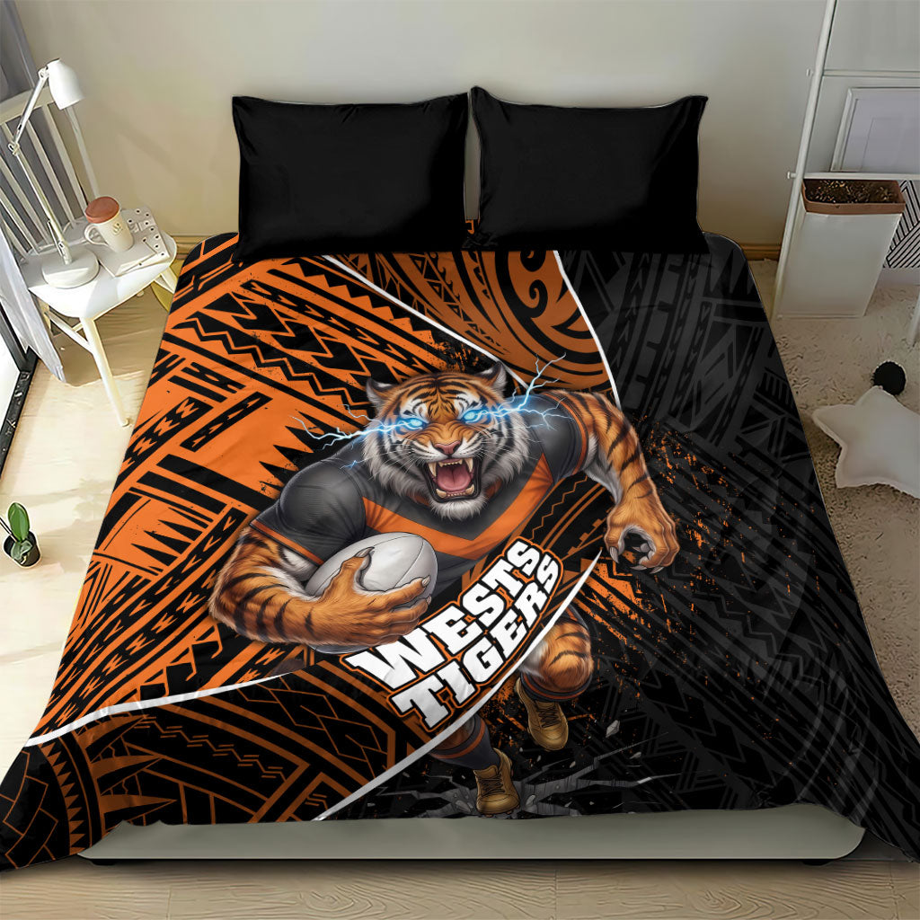 Wests Tigers Rugby Bedding Set Tribal Polynesian Power Art - Lightning Mascot