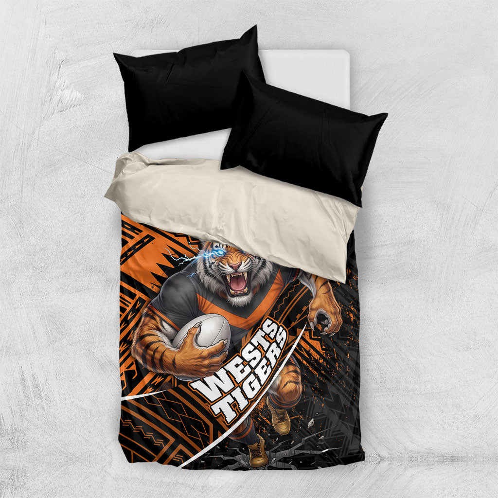 Wests Tigers Rugby Bedding Set Tribal Polynesian Power Art - Lightning Mascot