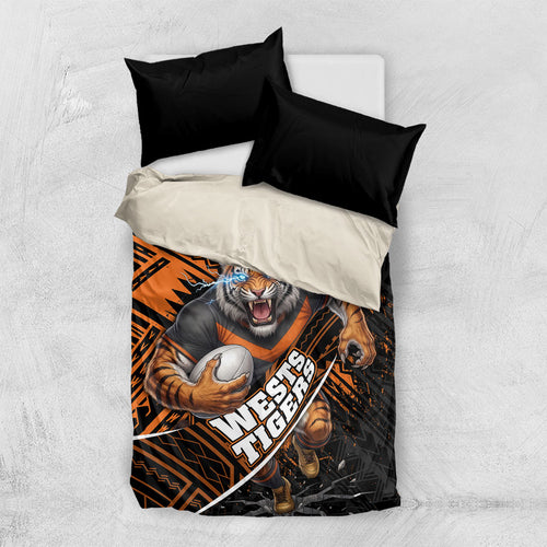 Wests Tigers Rugby Bedding Set Tribal Polynesian Power Art - Lightning Mascot