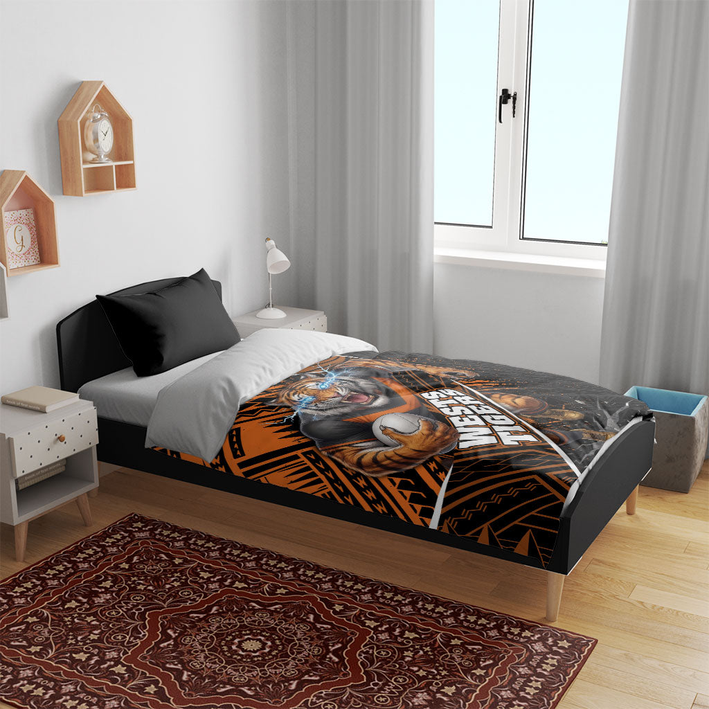 Wests Tigers Rugby Bedding Set Tribal Polynesian Power Art - Lightning Mascot