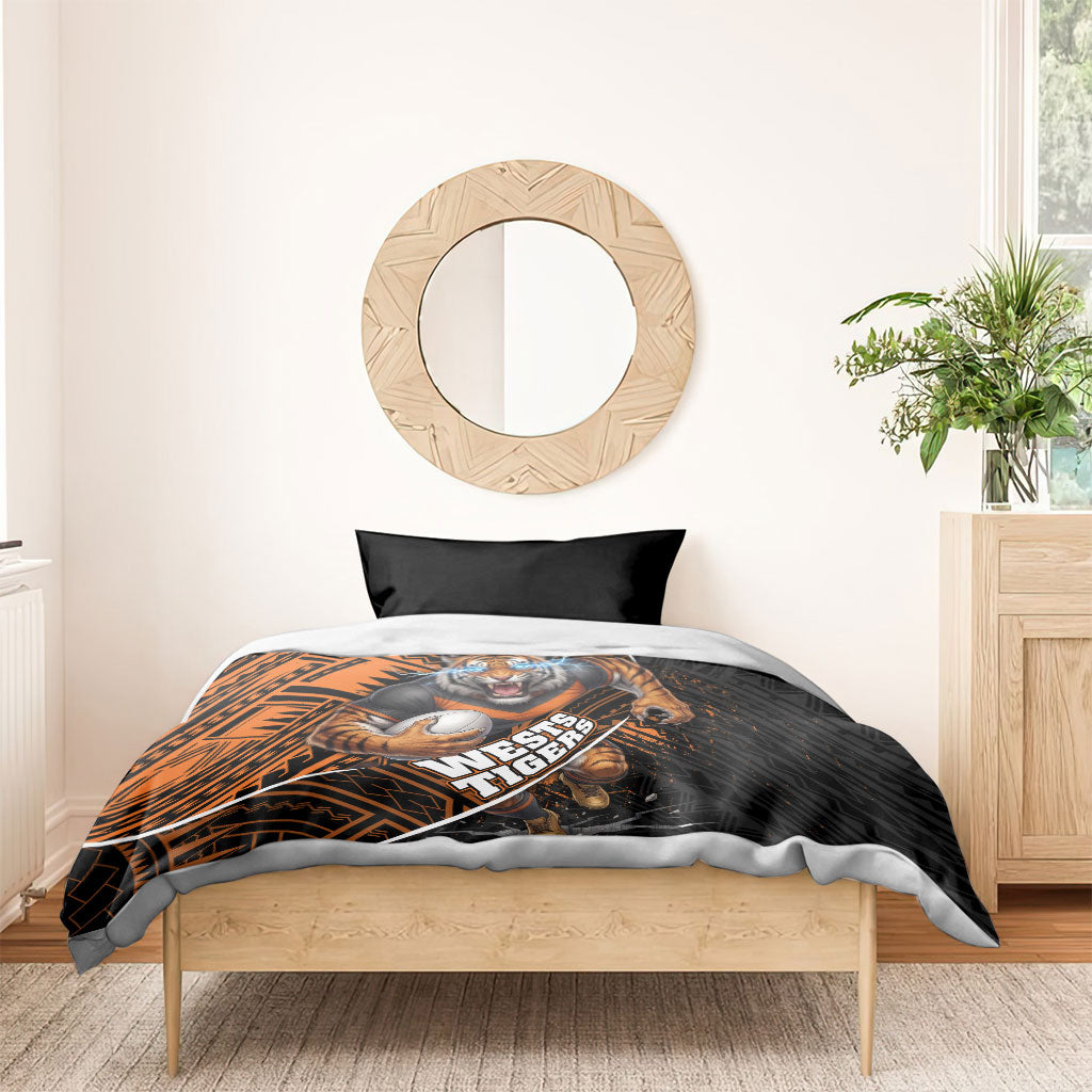 Wests Tigers Rugby Bedding Set Tribal Polynesian Power Art - Lightning Mascot