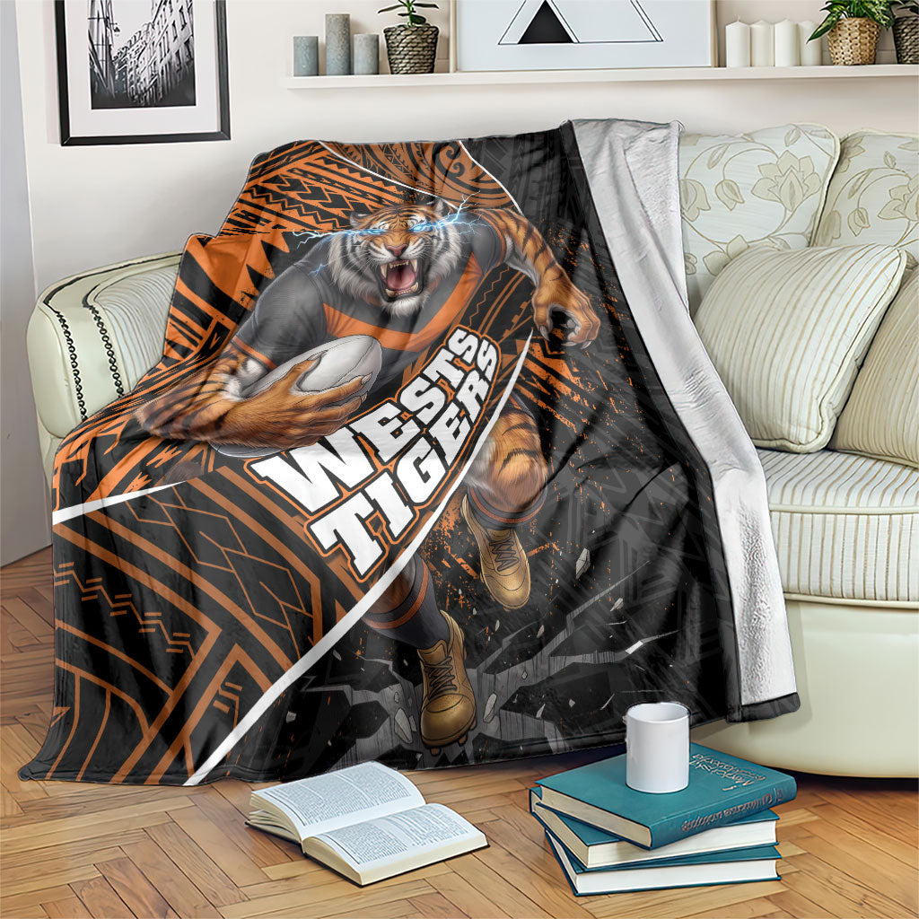 Wests Tigers Rugby Blanket Tribal Polynesian Power Art - Lightning Mascot