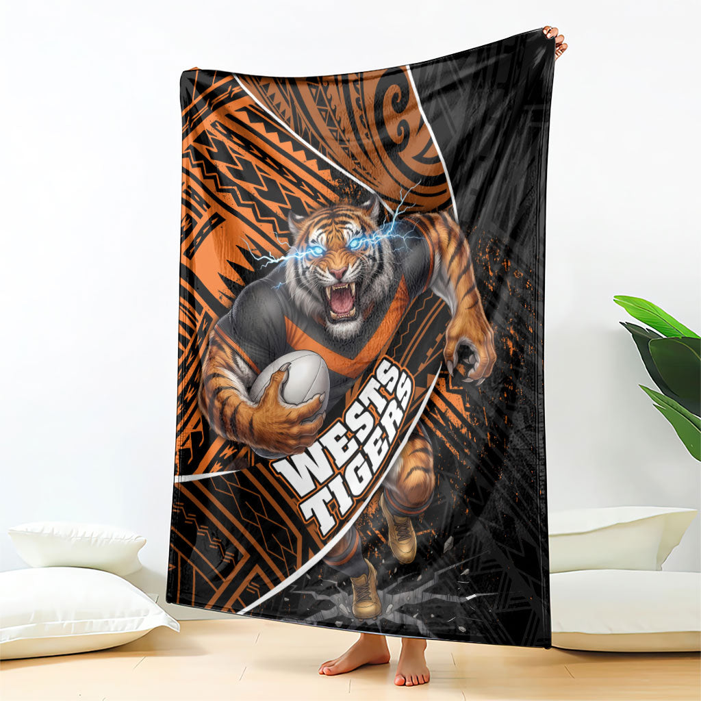 Wests Tigers Rugby Blanket Tribal Polynesian Power Art - Lightning Mascot