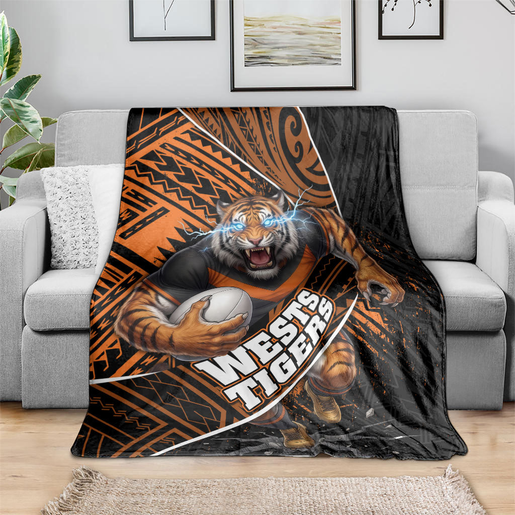 Wests Tigers Rugby Blanket Tribal Polynesian Power Art - Lightning Mascot
