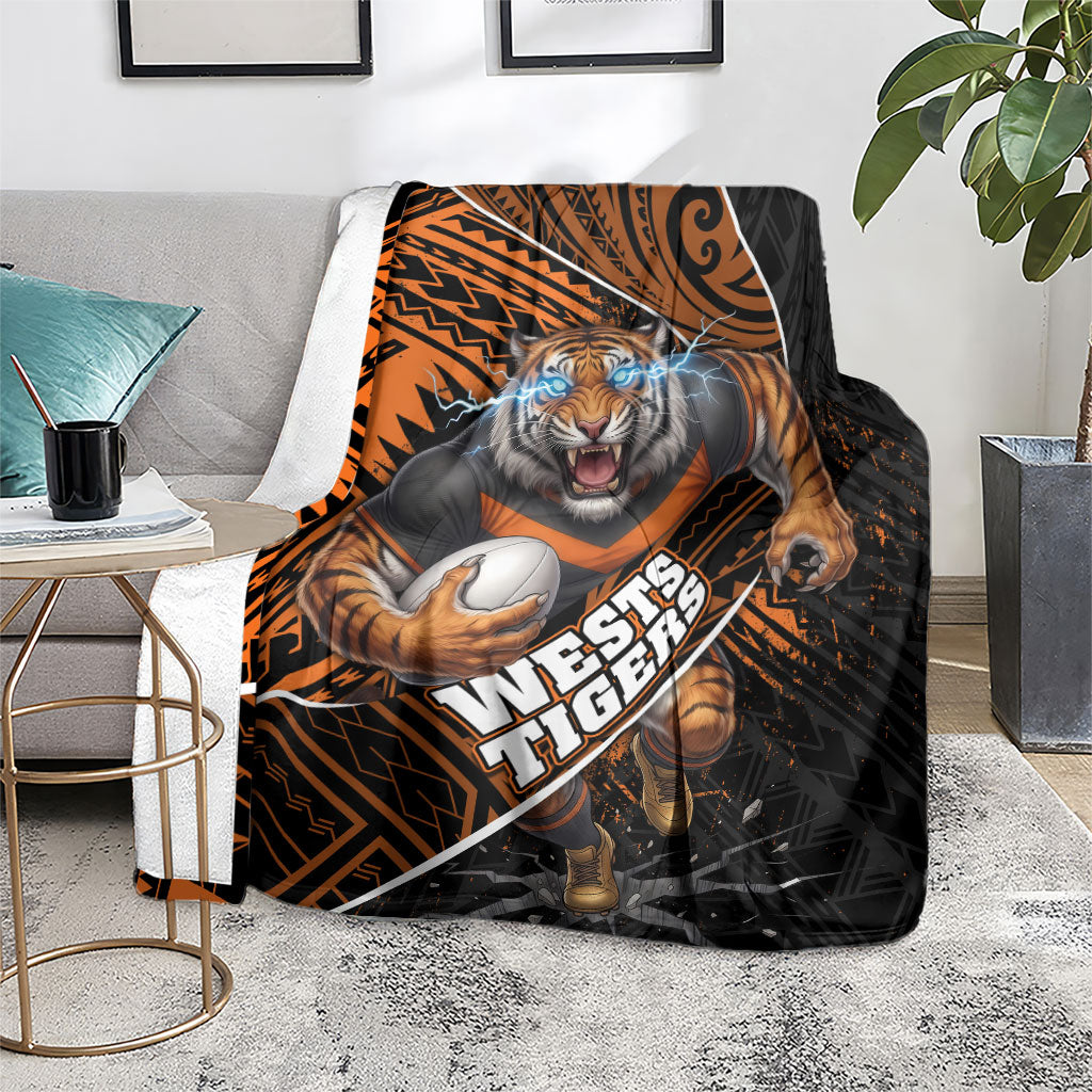 Wests Tigers Rugby Blanket Tribal Polynesian Power Art - Lightning Mascot