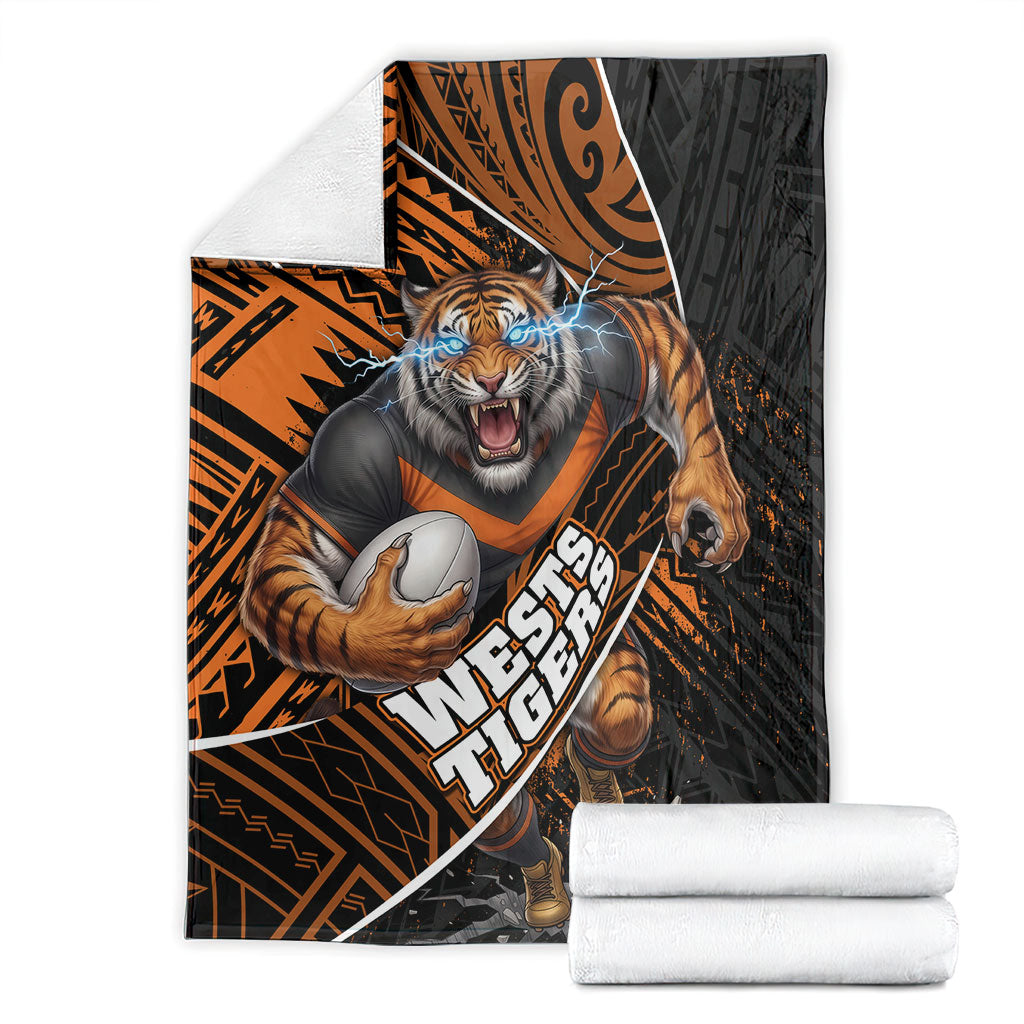 Wests Tigers Rugby Blanket Tribal Polynesian Power Art - Lightning Mascot