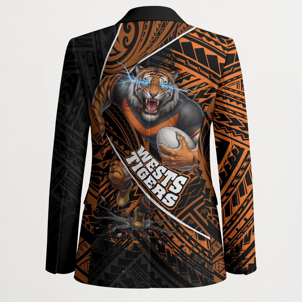 Wests Tigers Rugby Blazer Tribal Polynesian Power Art - Lightning Mascot
