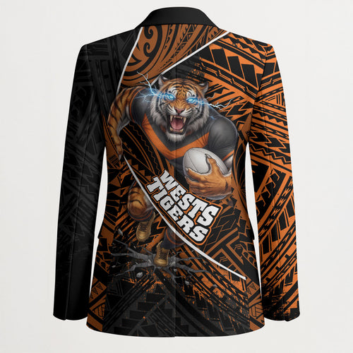 Wests Tigers Rugby Blazer Tribal Polynesian Power Art - Lightning Mascot