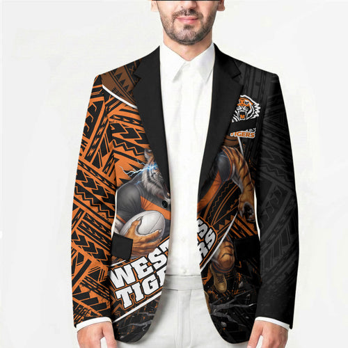 Wests Tigers Rugby Blazer Tribal Polynesian Power Art - Lightning Mascot