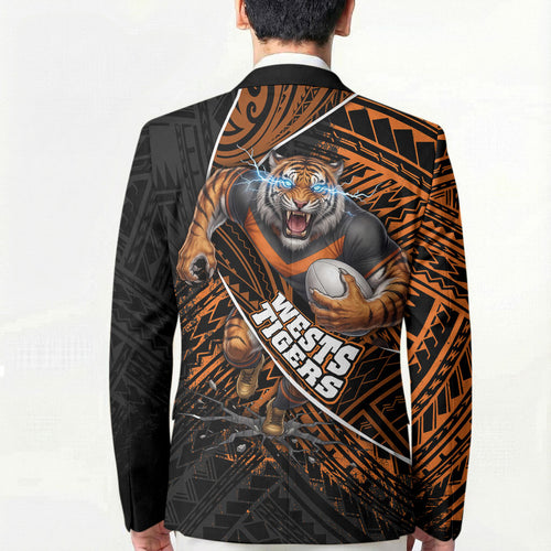 Wests Tigers Rugby Blazer Tribal Polynesian Power Art - Lightning Mascot
